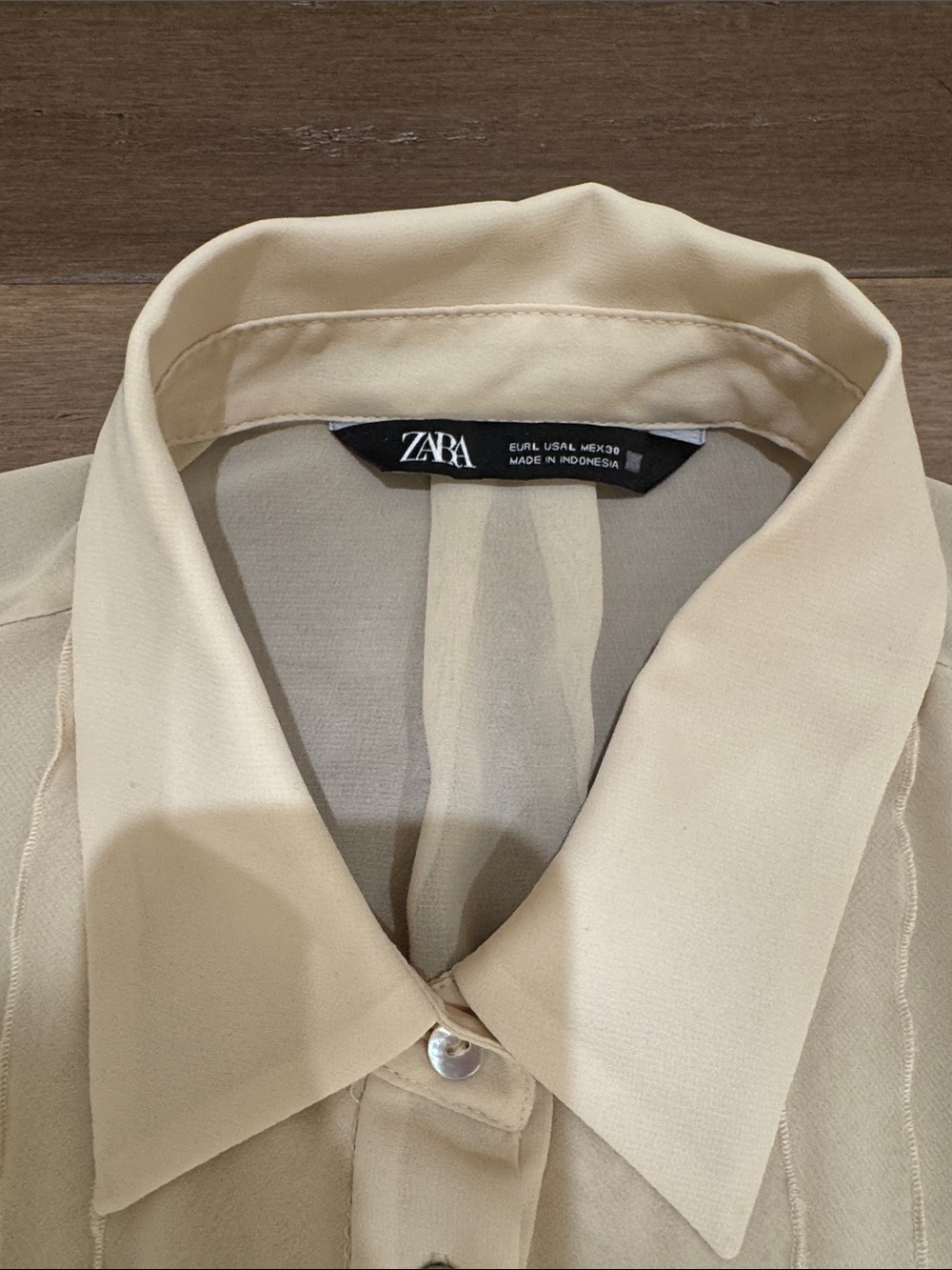 Zara Sheer Beige-Cream Ruffle-Front Blouse - Picture 5 of 5